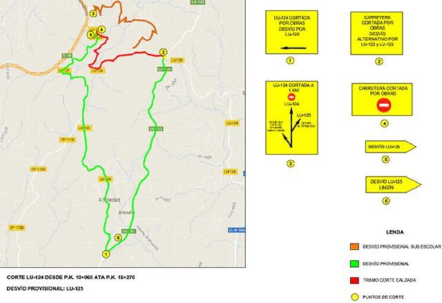 Mapa da localización das obras e os cortes que se realizarán na LU 124.